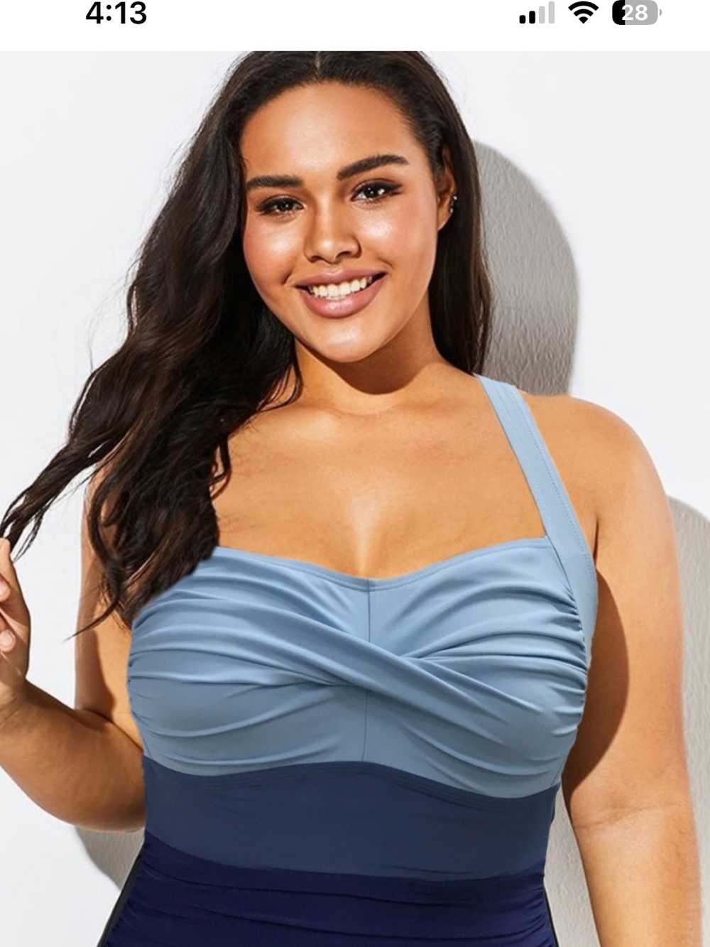 Two-Tone Blue Twist Front One-Piece Swimsuit, SZ Large, New without Tags O-B